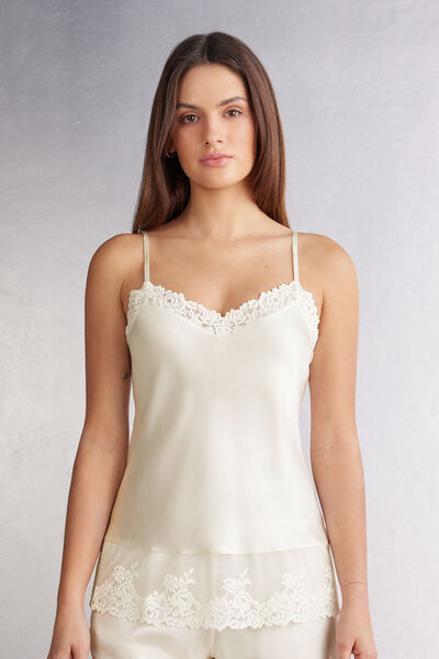 Intimissimi Pretty Flowers Thin Strap Silk Tank Top Woman Ivory Size L | Intimissimi (US)