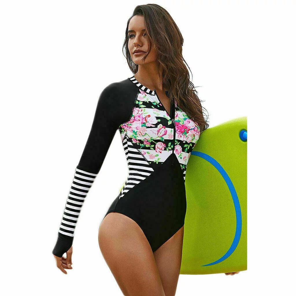 Women Long Sleeve Floral Printed Zip Front One Piece Swimsuit Surfing Swimwear Bathing Suit - S | Walmart (US)