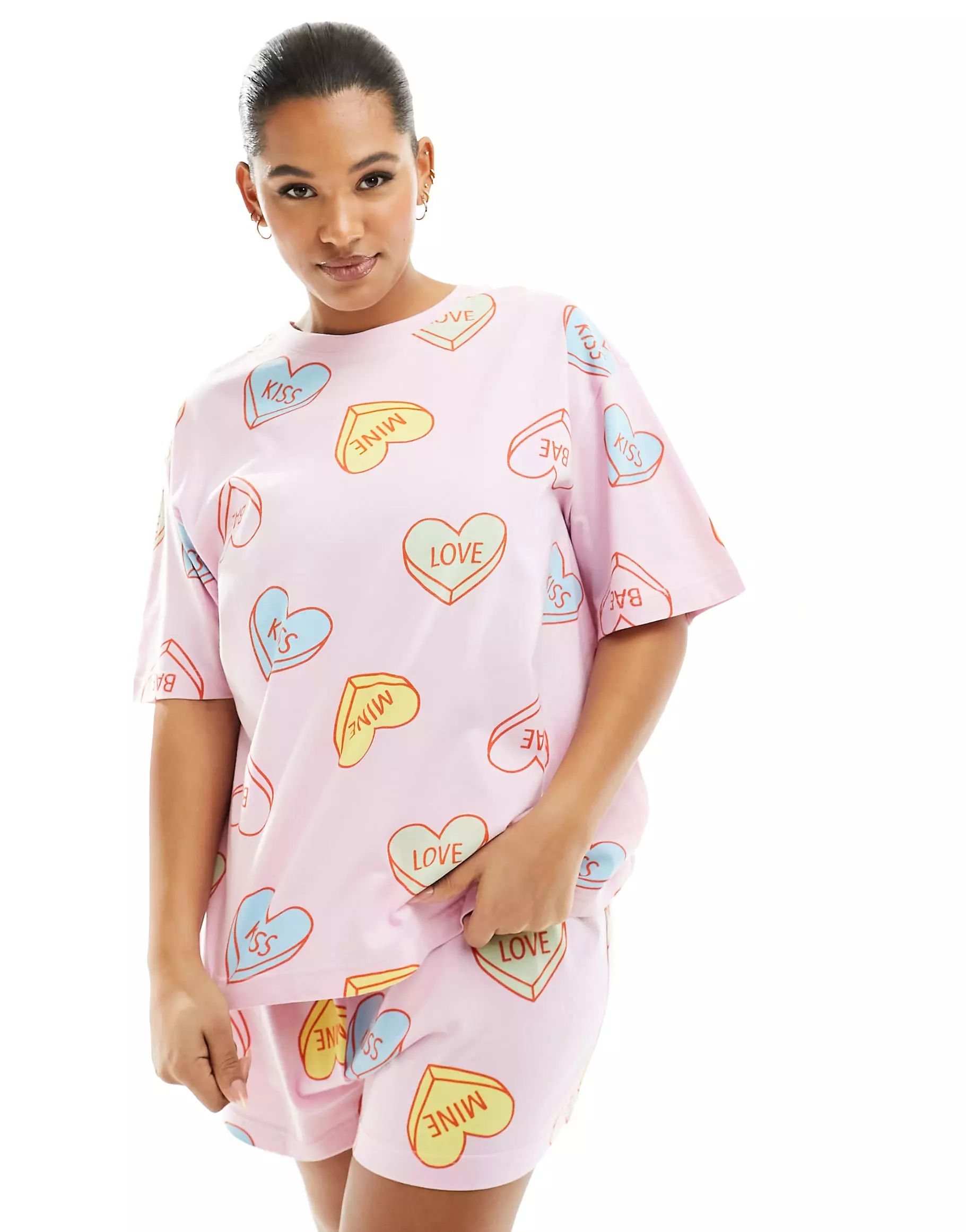 ASOS DESIGN Curve heart icon print oversized tee & short pyjama set  in pink | ASOS (Global)