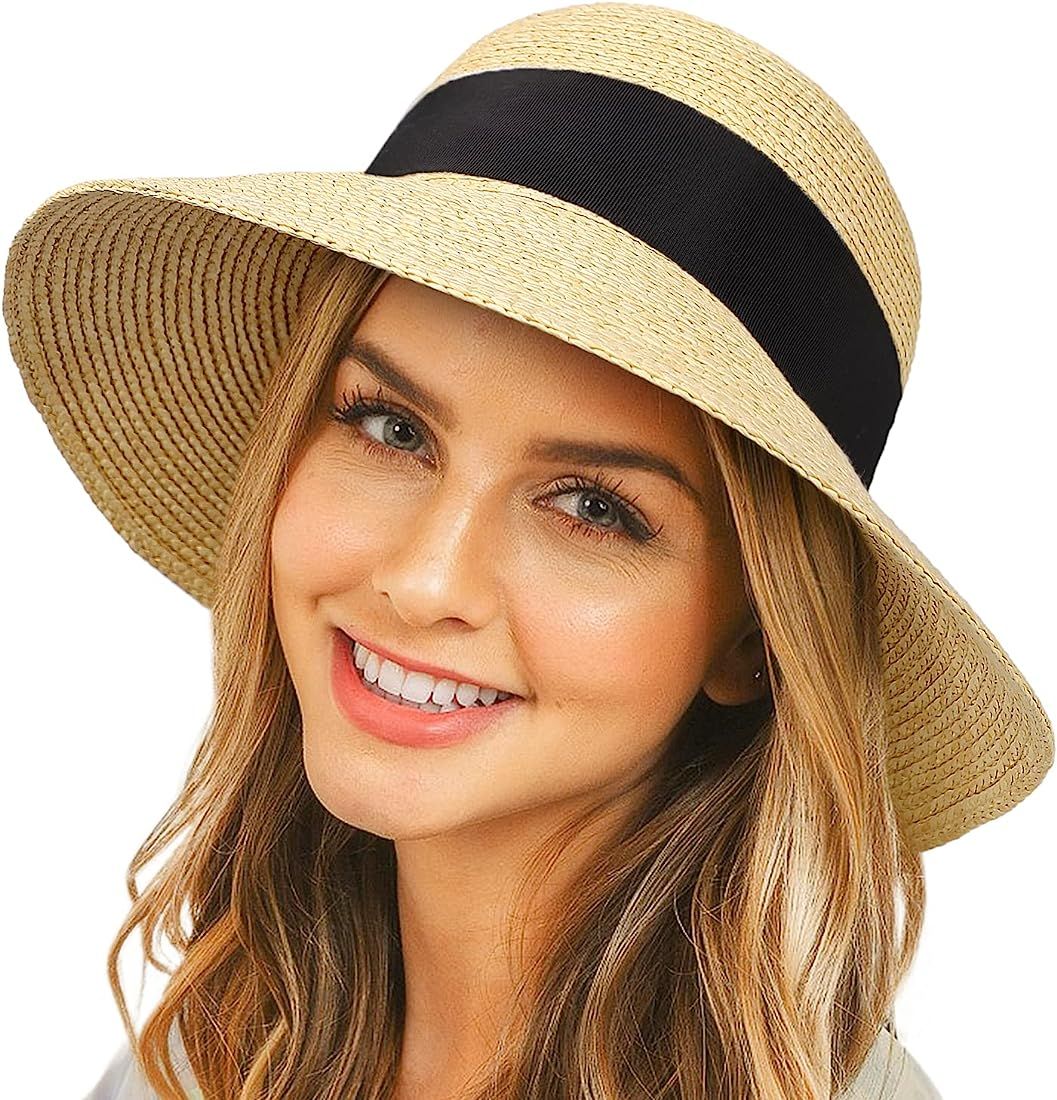 Womens Beach Sun Straw Hat Wide Brim UPF 50 Summer Hat Foldable Roll up Travel Sun Hat | Amazon (US)