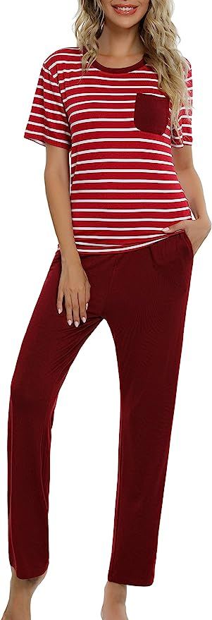 Invug Women Nightwear Short Sleeve Shirt Long Pants Pajama Set Striped Sleepwear | Amazon (US)