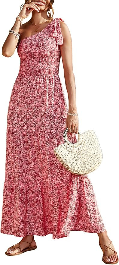 PRETTYGARDEN Womens 2024 Floral Knot One Shoulder Sleeveless Ruffle Hem Flowy Boho Dresses | Amazon (US)