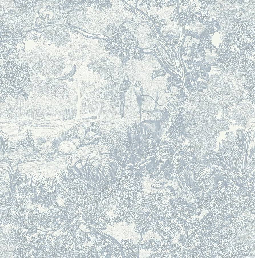Ismoon Vintage Wallpaper Peel and Stick Blue Neutral Wallpaper 17.3in x16.4ft Forest Animals Cont... | Amazon (US)