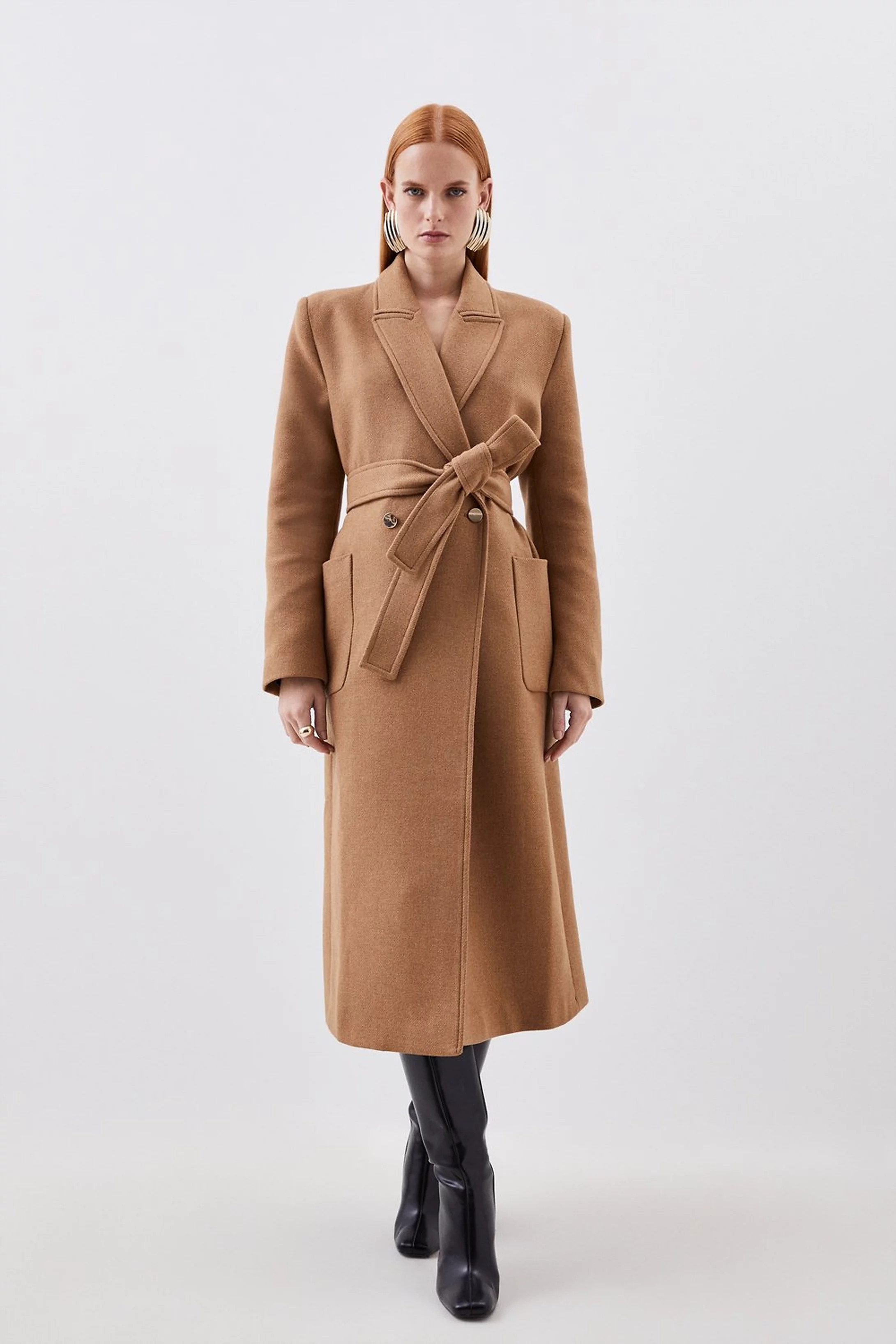 Italian Wool Mix Belted Midi Wrap Coat | Karen Millen UK + IE + DE + NL