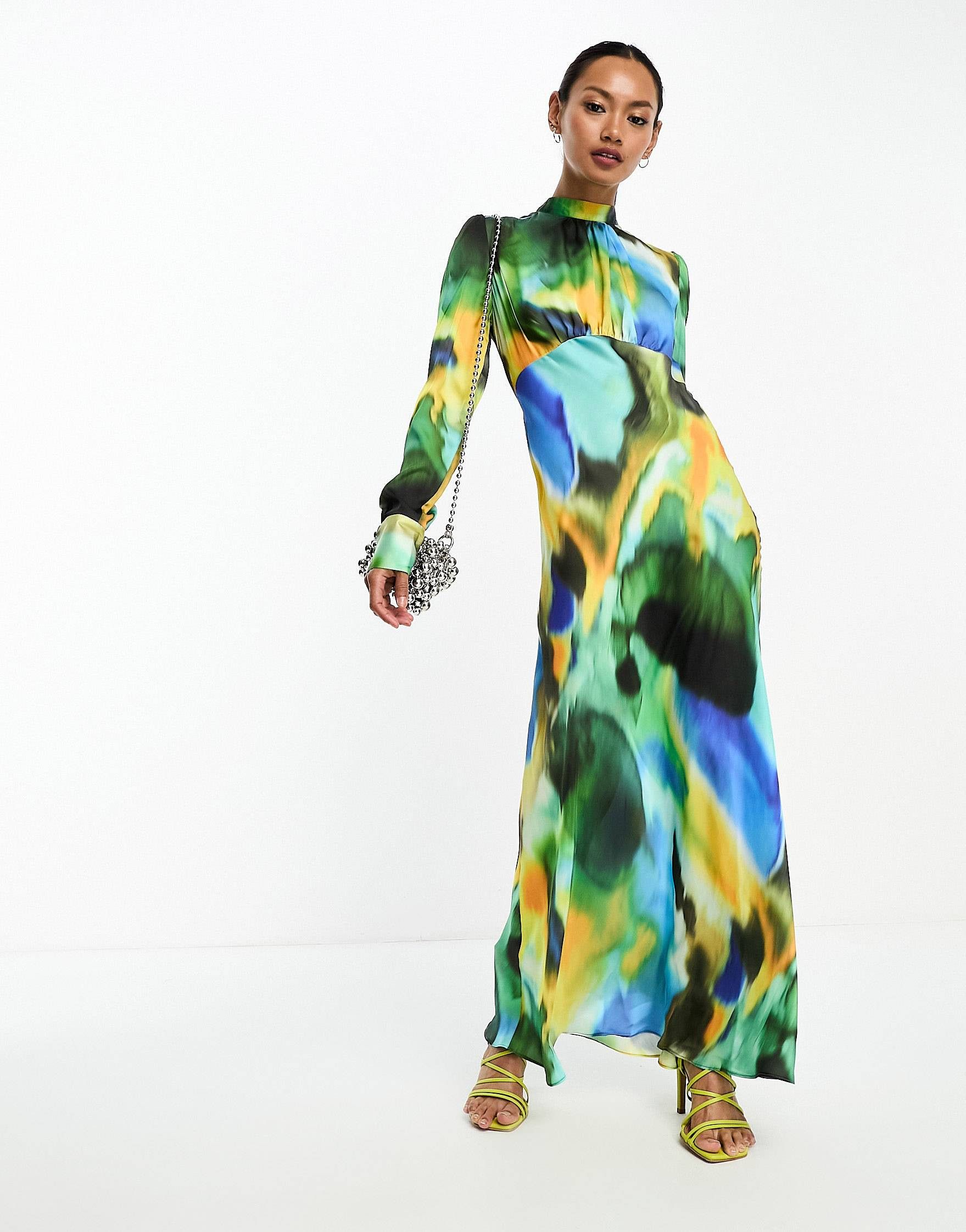 ASOS DESIGN high neck maxi satin tea dress in abstract blurred print | ASOS (Global)