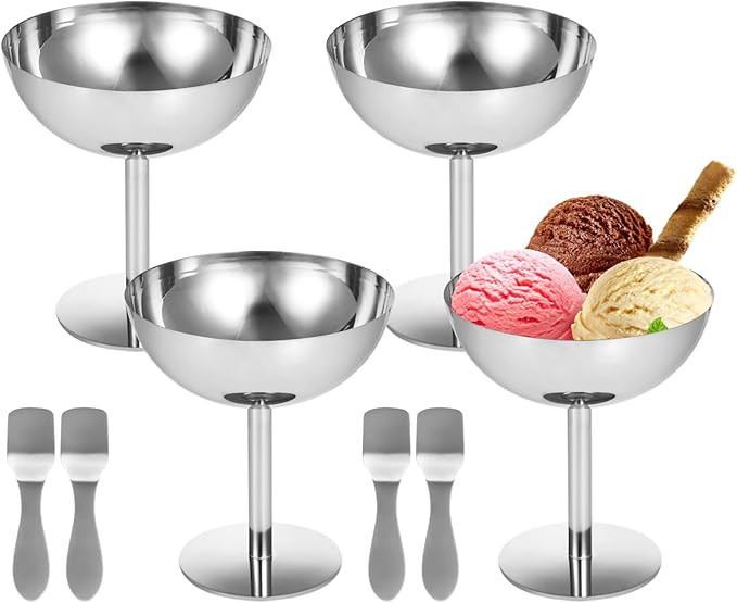 Homaisson 4 Pcs Ice Cream Cups, High-footed Dessert Serving Bowls, Reusable Stainless Steel Sunda... | Amazon (US)