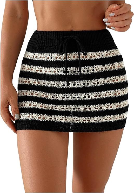 WDIRARA Women's Striped Hollow Out Coverups Knit Cover Up Mini Skirt Beach Swimwear | Amazon (US)