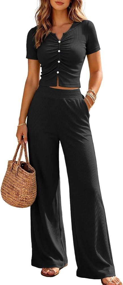 Outfeel Women's 2 Piece Lounge Set Knit Button Ruched Short Sleeve Crop Top Wide Leg Pants with P... | Amazon (US)