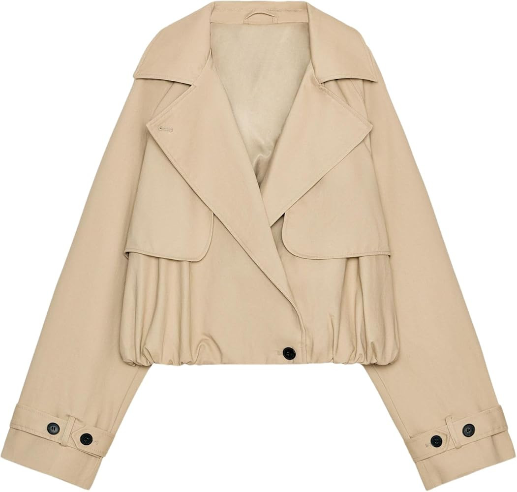 Xunger Women's Short Balloon Trench Coat Casual Lapel Collar Puffed Hem Jacket Spring Fall Street... | Amazon (US)