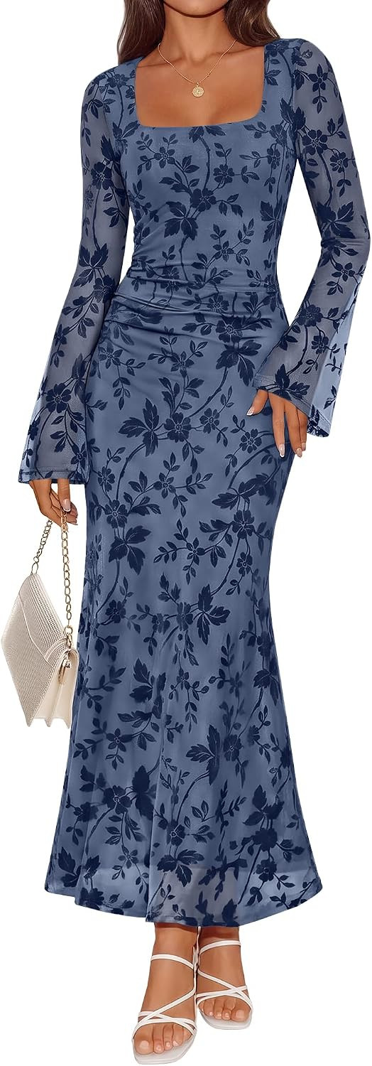 Women's Fall Wedding Guest Dress Long Sleeve Mesh Maxi Dresses | Amazon (US)
