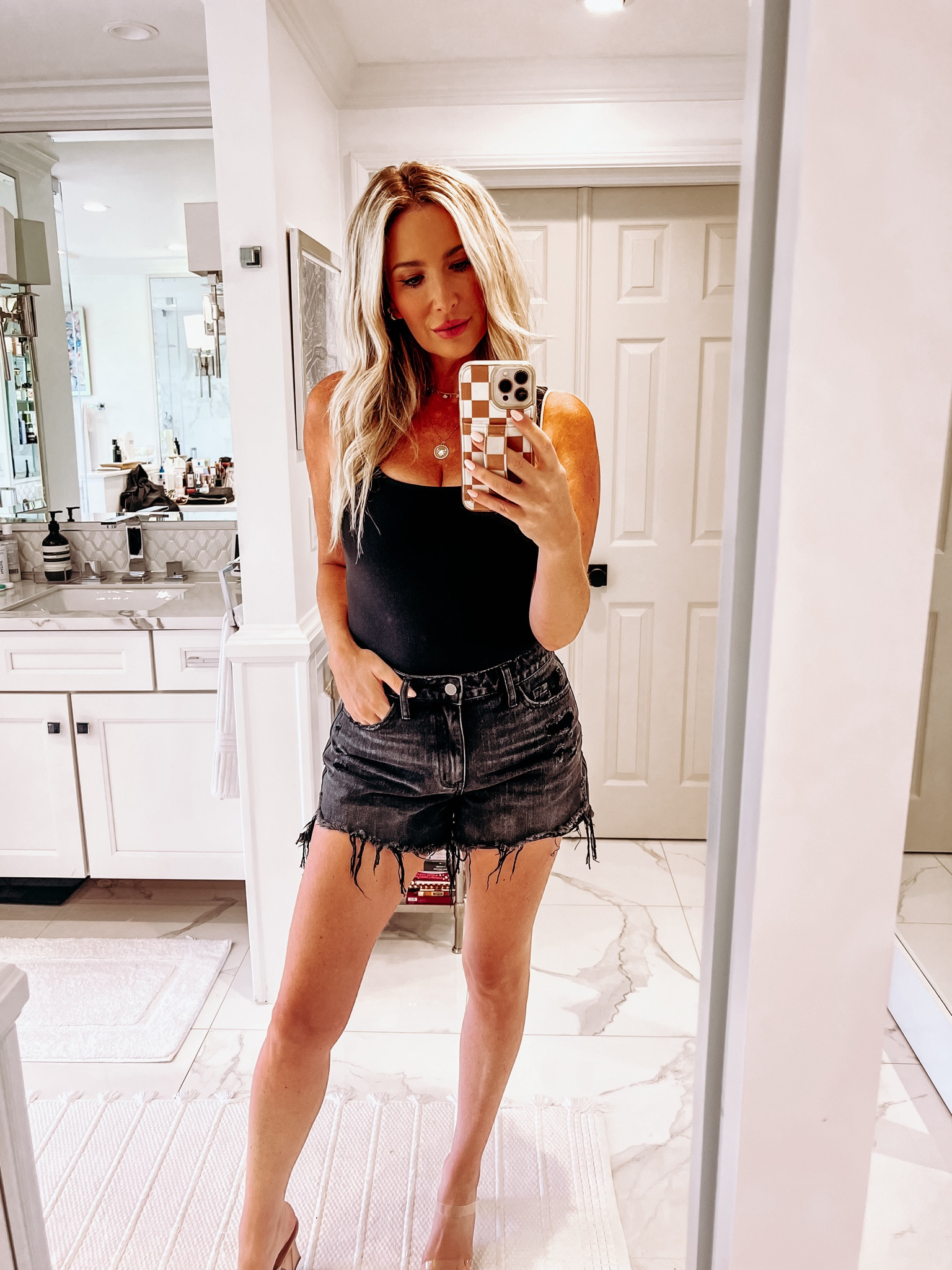Vici high rise distressed charcoal denim shorts | wearing size 27, rigid fit not stretchy 