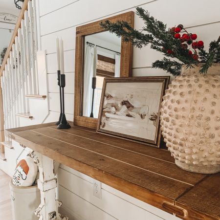 So the Santa pillow got packed away, lol, but I’m loving the texture of all this decor together!



console table, console table styling, console table decor, winter decor, Target, candle holders, mesa pot, entryway, modern farmhouse, wood frame mirror

#LTKunder50 #LTKhome #LTKstyletip