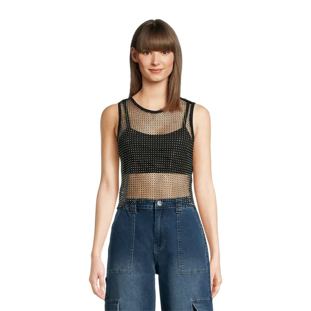 Madden NYC Juniors and Juniors Plus Rhinestone Mesh Tank Top, Sizes XS-4X | Walmart (US)