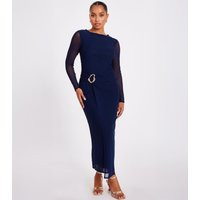 Women's Petite Navy Mesh Sleeve Buckle Detail Midaxi Dress Quiz New Look | New Look (UK)