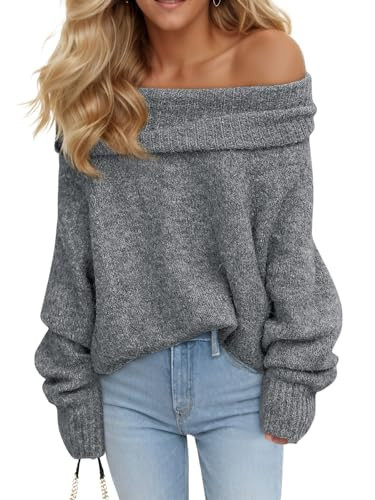Saodimallsu Womens Off The Shoulder Sweaters Long Sleeve Slouchy Knitted Casual Loose Fall Trendy Pullover Tops Gray | Amazon (US)