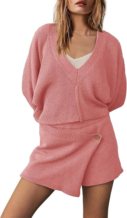 Yanekop Womens 2 Piece Outfits Sweater Sets V Neck Knit Pullover and Shorts Tracksuit Sets Matchi... | Amazon (US)