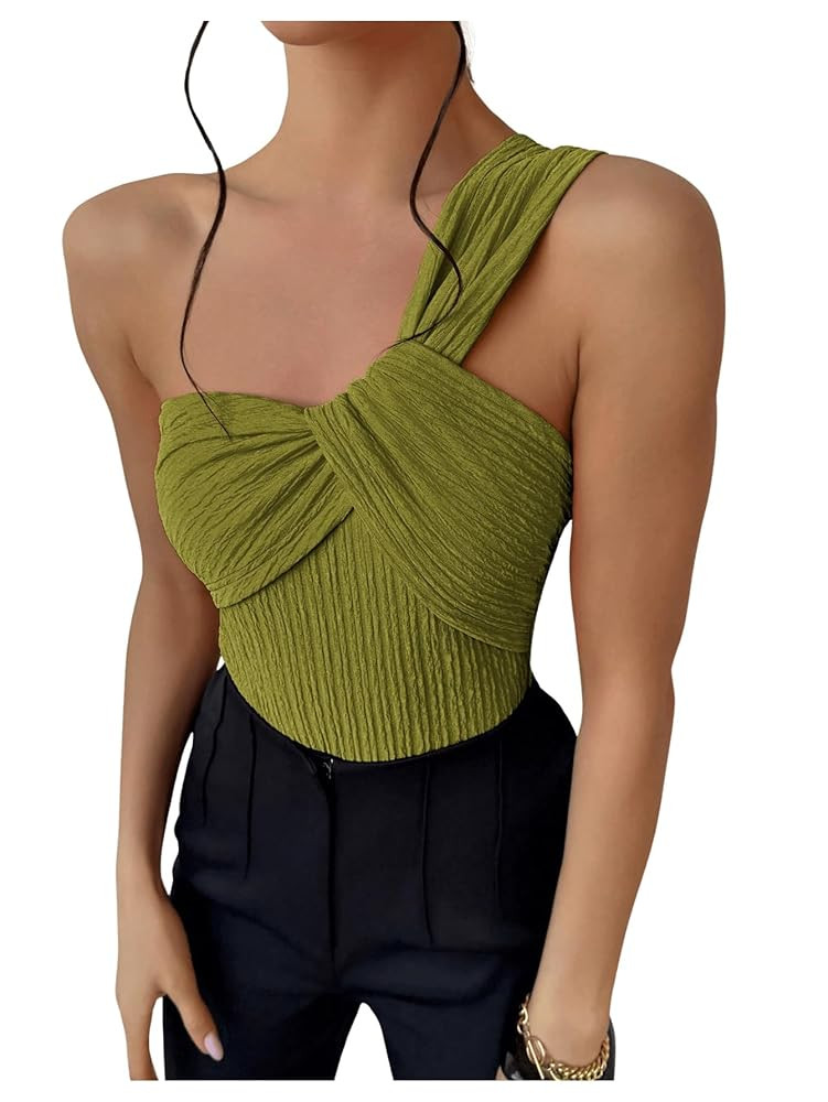 OYOANGLE Women's Textured One Shoulder Twist Front Ruched Bodysuit Sleeveless Tank Top Body Suits | Amazon (US)