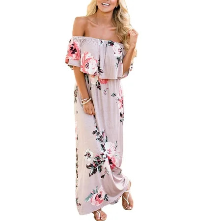 Floral Off Shoulder Dress Summer Women s Casual Ruffle High Waist Slit | Walmart (US)
