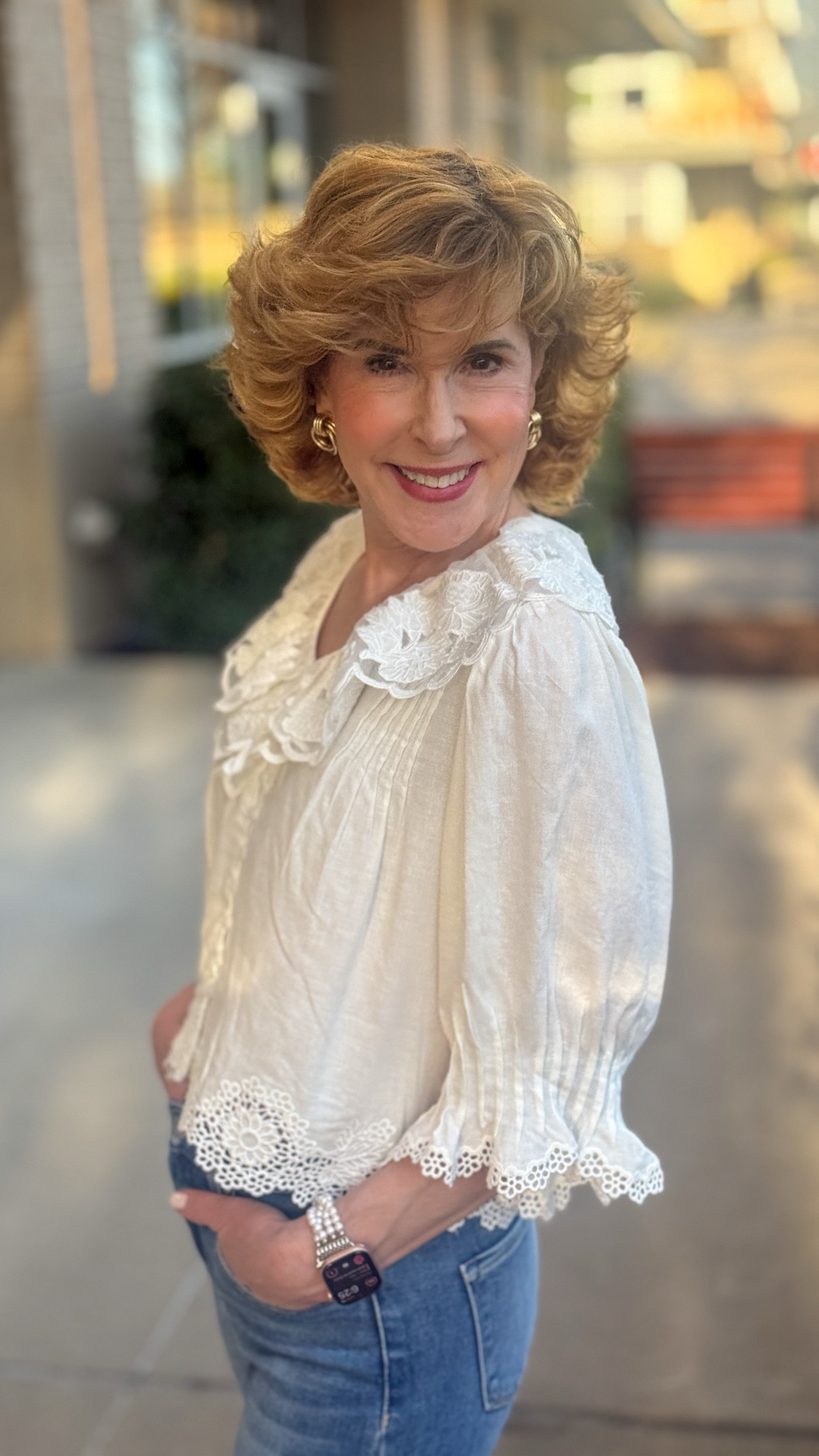 An easy, feminine outfit that feels as good as it looks. The lace-detailed blouse brings all the romance, while the cuffed jeans keep it relaxed and wearable for everyday. Rhinestone Mary Janes and a budget-friendly pearl watch band add a polished, pretty finish.

Oh, and my @baublebar earrings are 20% off (sitewide sale) this weekend! 

#LTKOver40 #LTKSeasonal #LTKootd
