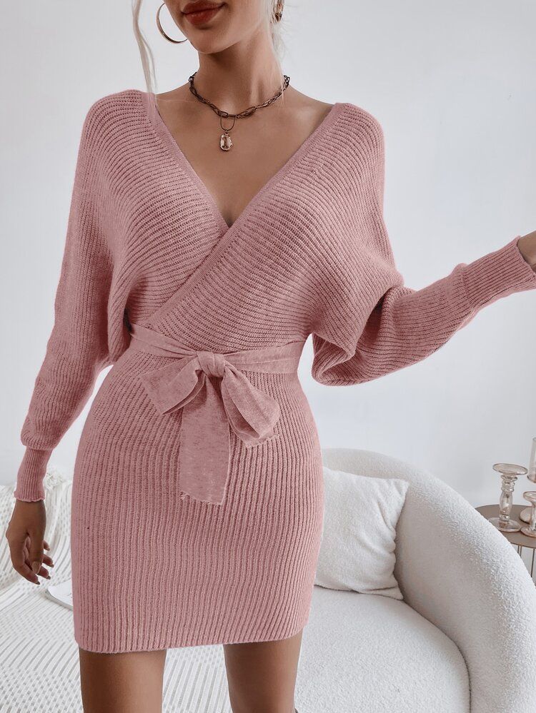Wrap Batwing Sleeve Belted Cut Out Backless Sweater Dress | SHEIN