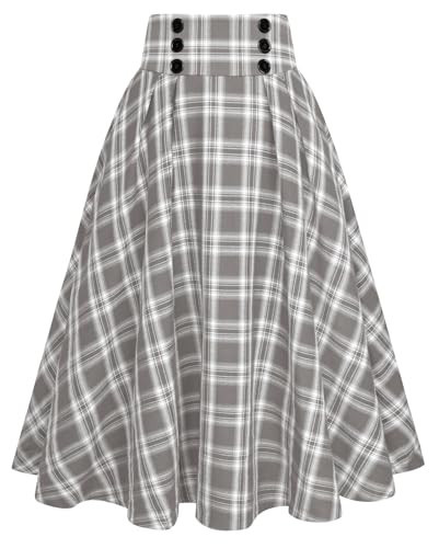 Belle Poque Vintage Plaid Skirt for Women High Waisted Midi A-line Skirts Pleated Skirt with Pockets Gray L | Amazon (US)