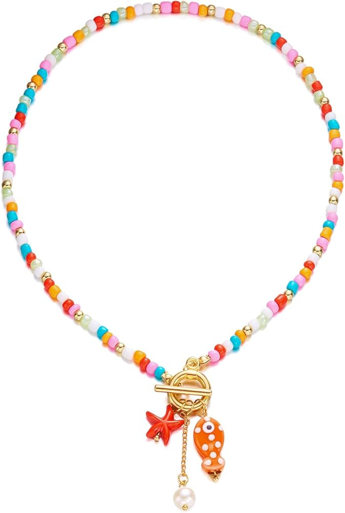 RINHOO Ceramic Fish & Starfish Charm Necklace Boho Handmade Bead Necklace OT Buckle Clasp Jewelry | Amazon (US)