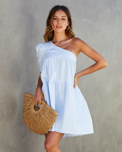 Washington Cotton One Shoulder Pocketed Mini Dress - Light Blue | VICI