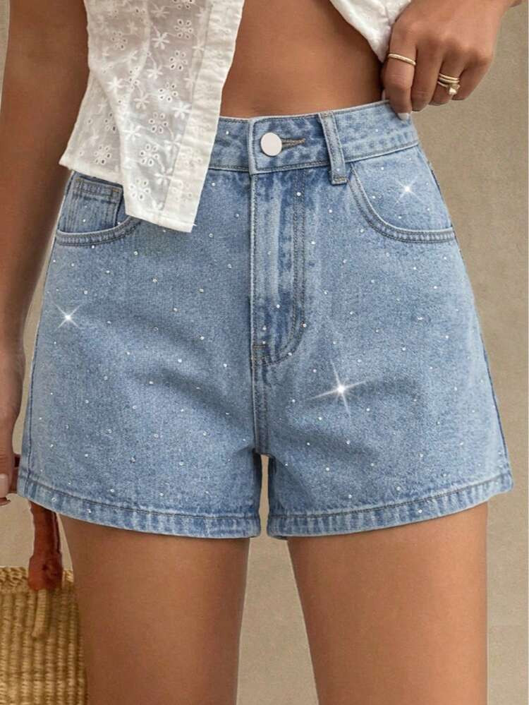 Modische Gewaschene Blaue Denim-Shorts Mit Stern-Strass, Damen Lockere Hotpants Mit Geradem Bein, Lässige Outfits Für Sommer, Alltag & Urlaubsfestival | SHEIN
