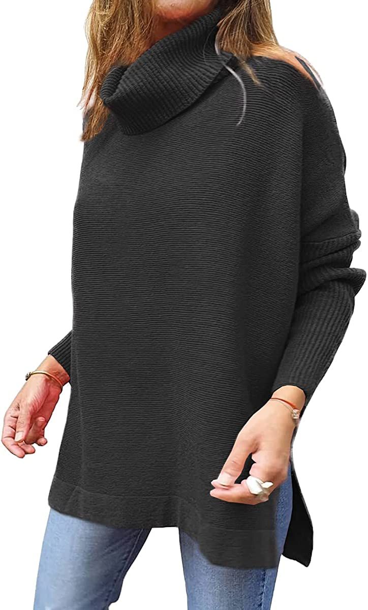 EFAN Women's Turtleneck Fall Sweaters Oversized Long Batwing Sleeve Spilt Hem Casual Asymmetric P... | Amazon (US)