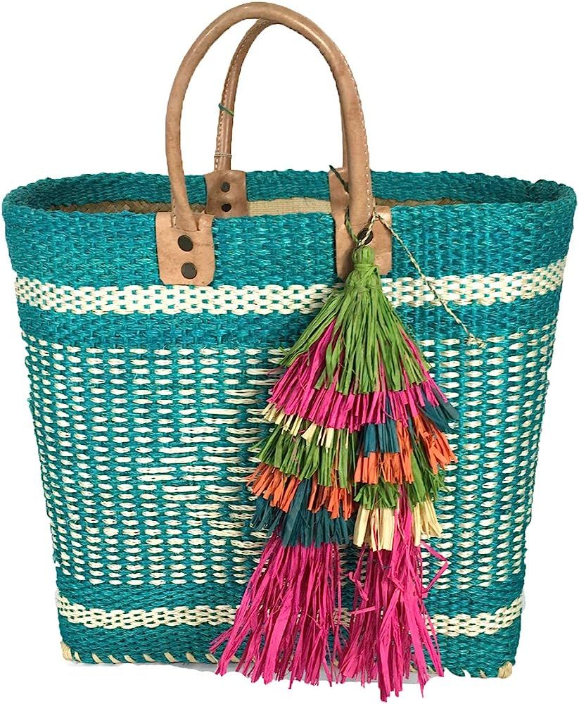 Mar Y Sol Ibiza Tassel Market Tote Beach Bag, Aqua | Amazon (US)