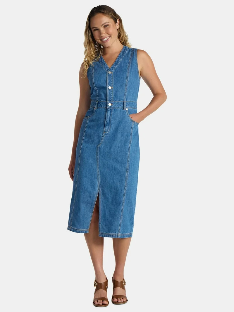 Time and Tru Women’s Sleeveless Midi Denim Shirt Dress, XS-3XL | Walmart (US)