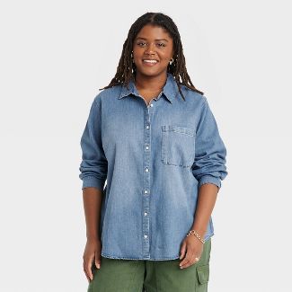 Women&#39;s Plus Size Long Sleeve Classic Fit Button-Down Shirt - Universal Thread&#8482; Light B... | Target
