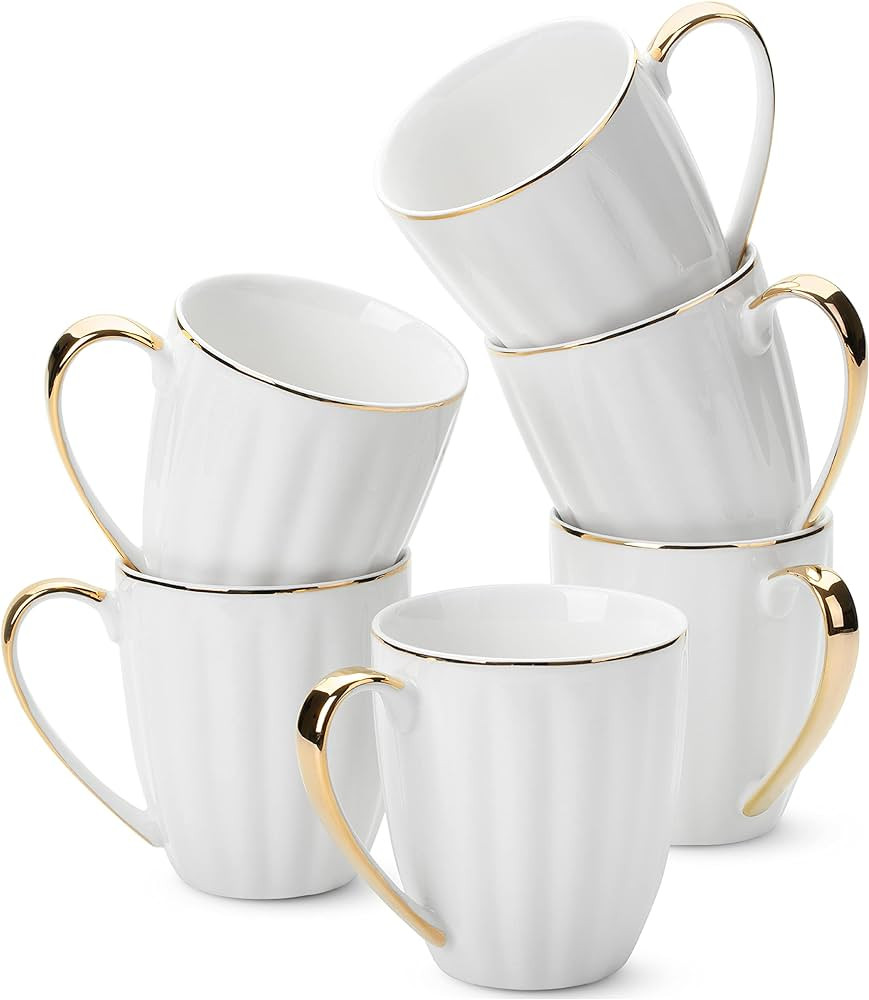 BTaT- White Coffee Mugs, Set of 6, 12oz, White Porcelain with Gold Trim Coffee Mug Set, Hot Choco... | Amazon (US)