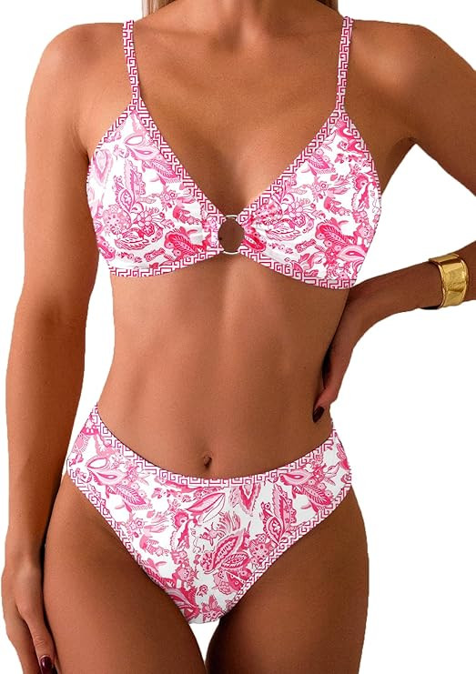 Women's Triangle Bikini Sets O Ring Linked Two Piece Swimsuits Floral Printed Cheeky Bathing Suit | Amazon (US)