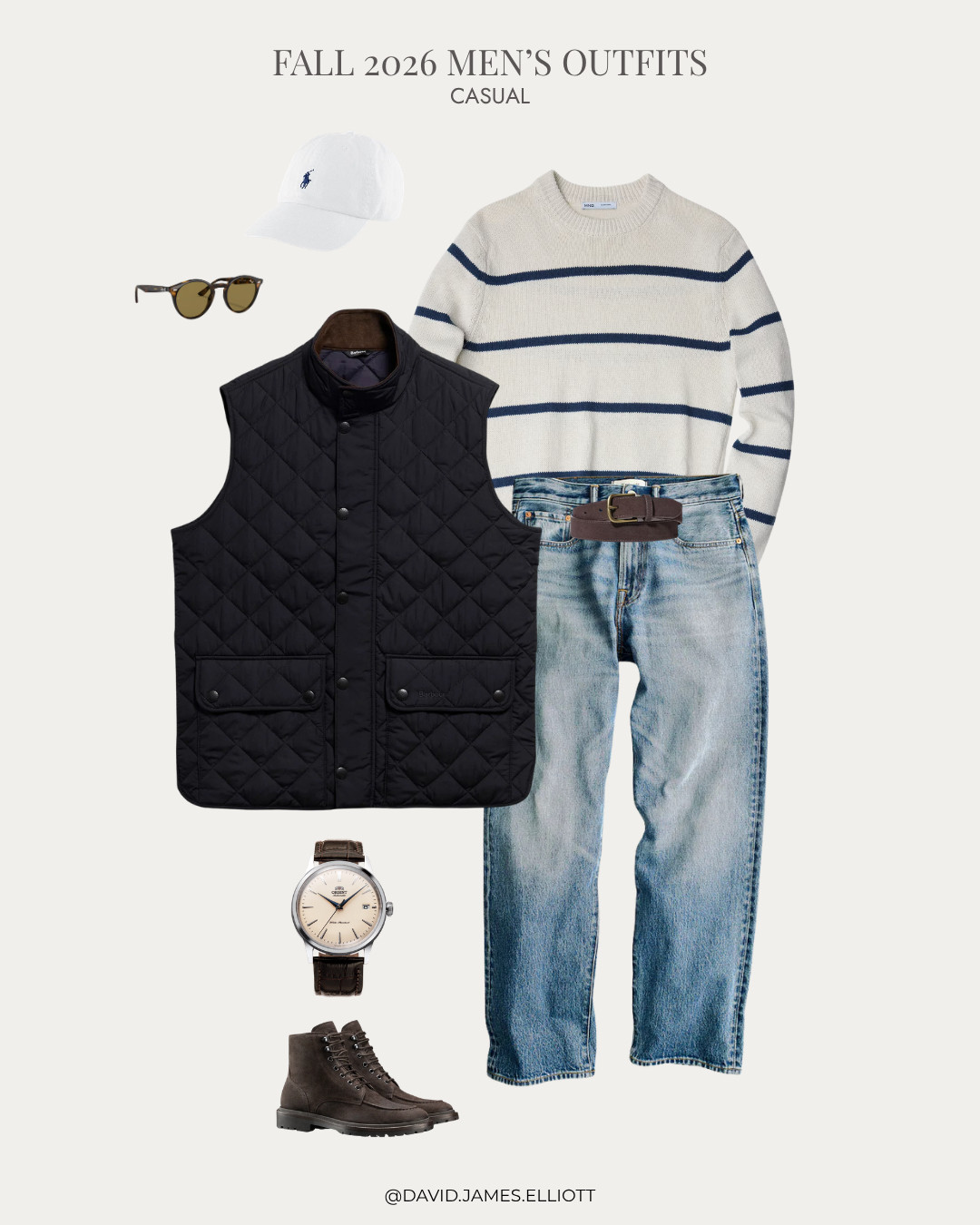Casual fall outfit for men. Quilted vest, striped sweater, suede boots.  

 #LTKMens