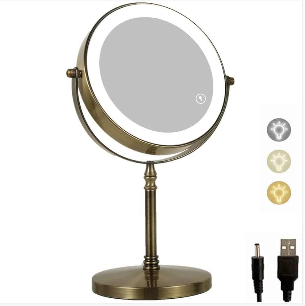Antique Brass Makeup Mirror with Light 1X/10X Free Standing 8 Inches 360 Swivel Dual-Sided Tablet... | Amazon (US)