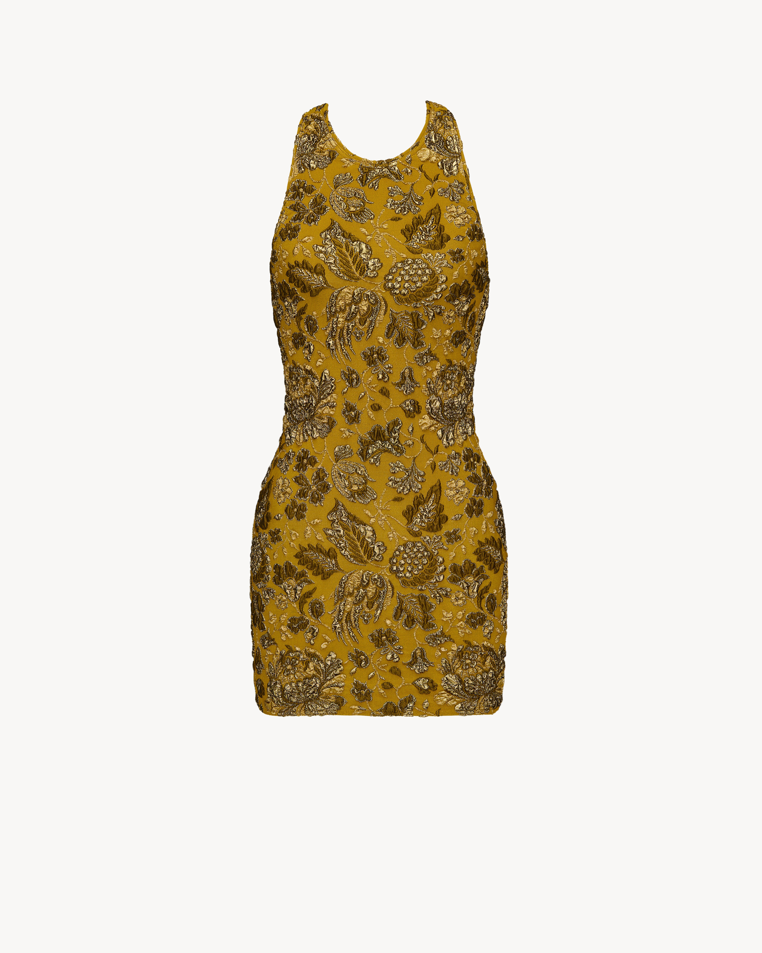 Robe courte ajust\u00e9e avec col rond, crois\u00e9e dans le dos avec une d\u00e9coupe en forme d... | Saint Laurent Inc. (Global)