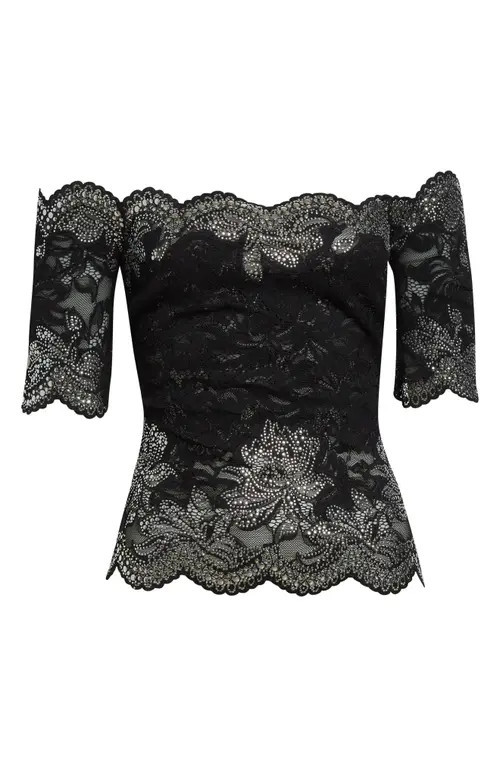 Rabanne Stud Embellished Off the Shoulder Lace Top in Black at Nordstrom, Size 4 Us | Nordstrom