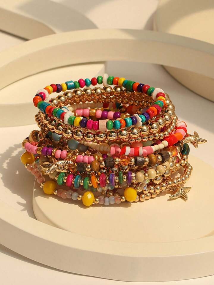 18pcs/Set Handmade Beaded Bohemian Style Fashion Personality Stacked Colorful Bracelet Set, Suitable For Women Party And Daily Wear | SHEIN