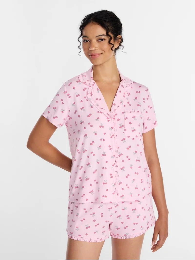 Joyspun Women’s Modal-Blend Ruffle Trim Notch Collar Top and Shorts Pajama Set, 2 Piece, Sizes ... | Walmart (US)