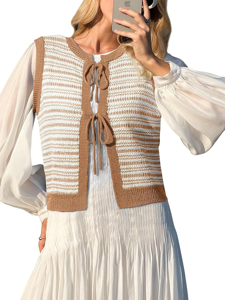 Amazon.com: Yousify Womens Crochet Knit Sweaters Tie Back Sweaters Vest Open Front Crop Tops Tren... | Amazon (US)