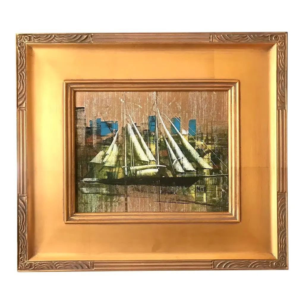 Vintage Mid Century Modern Expressionist Oil Painting Sail Boat and City by Moss | Chairish