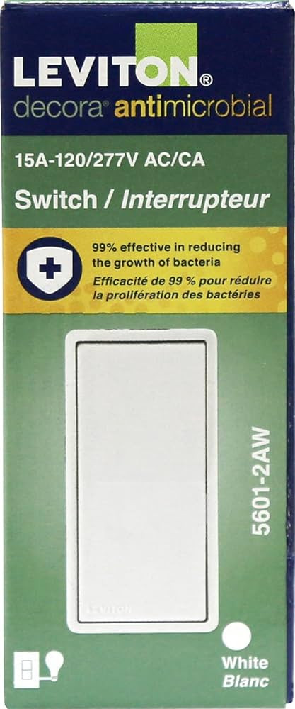 Leviton 5601-2AW Antimicrobial 15Amp 120/277V Decora Rocker Single Pole AC Quiet Switch, White, N... | Amazon (US)