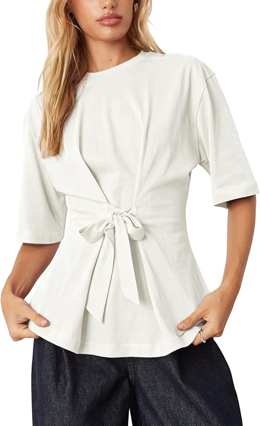 Womens Tie Waist Oversized T Shirt Crew Neck Half Sleeve Casual Belted Blouses Shirts Front Tie C... | Amazon (US)