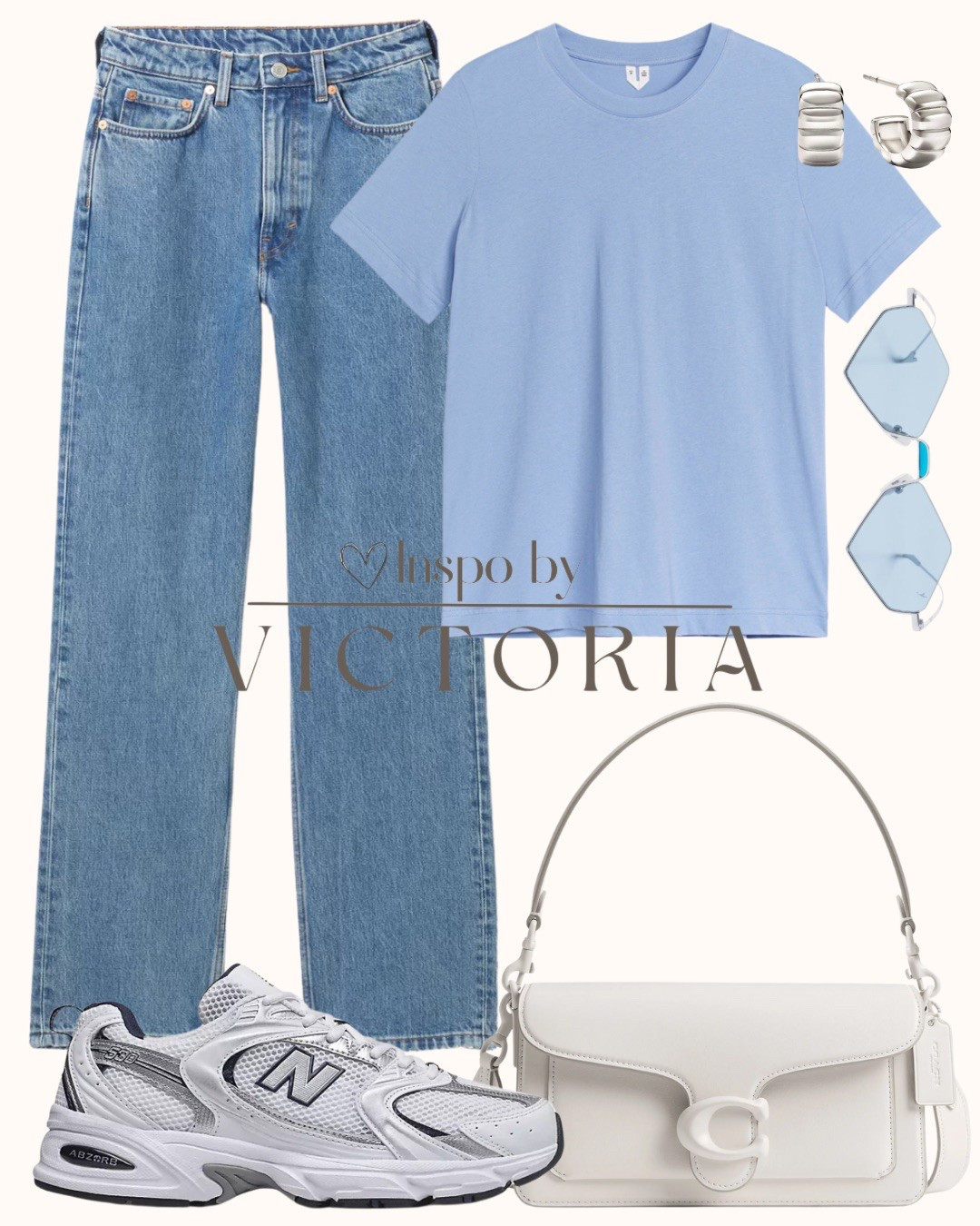 Pastel blue vibes🩵
#springoutfit #bluetee #casualchic 

Classic jeans, pastel blue T-shirt, New balance 530, white Tabby bag, blue sunglasses, silver earrings,
