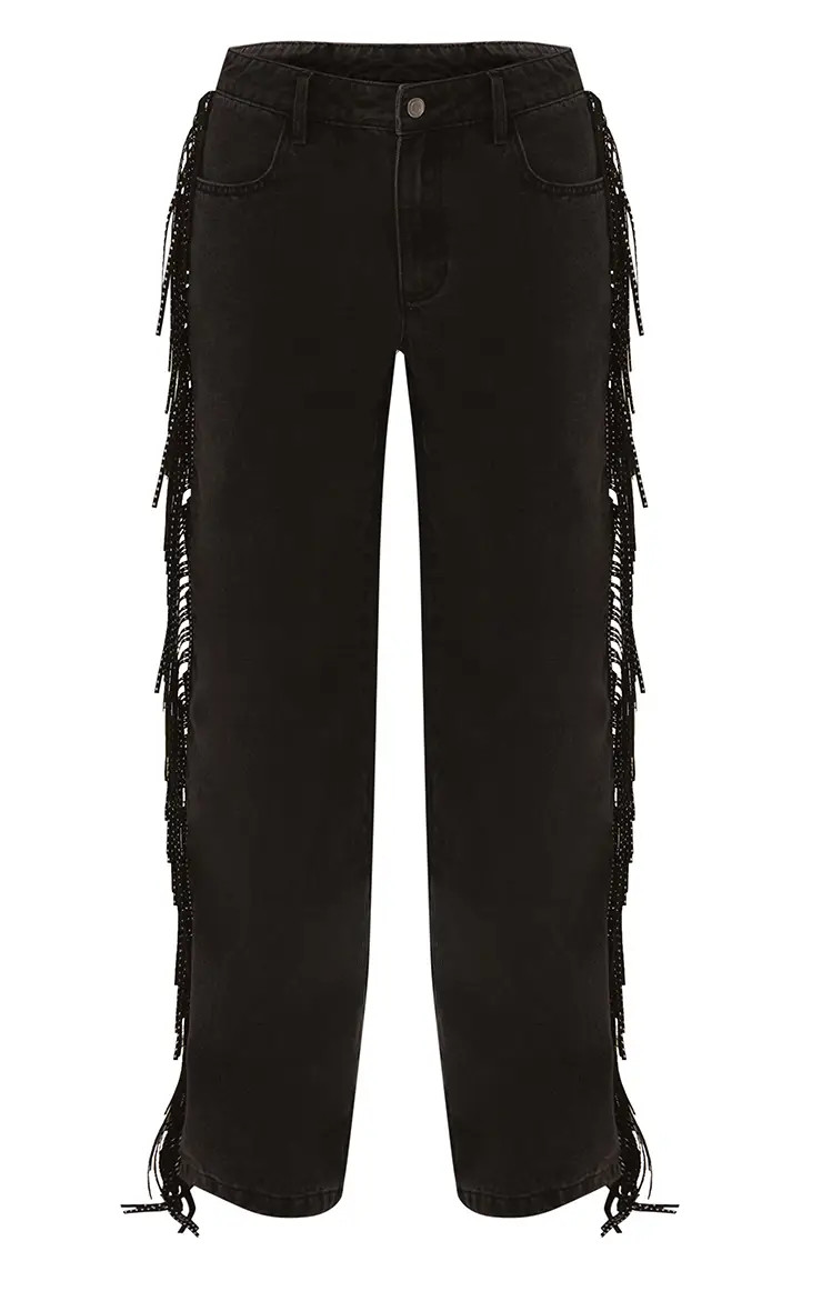 Black Studded Fringe Jeans | PrettyLittleThing USA | PrettyLittleThing US