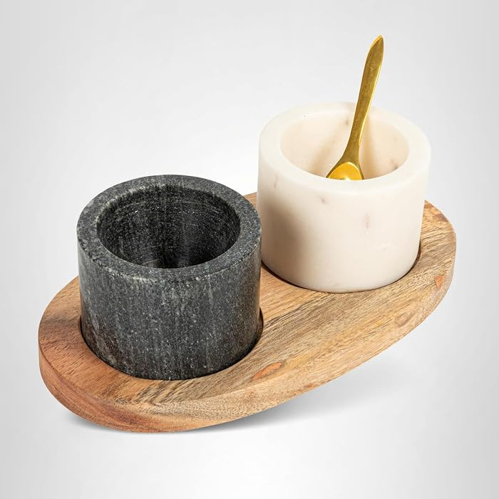 Creative Co-Op 2 Marble Bowls on Mango Wood Base with Salt Spoon | Amazon (US)