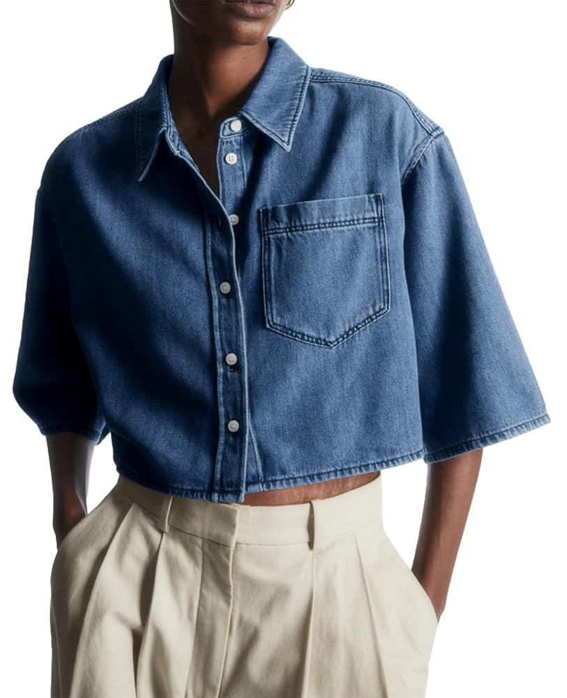 Tankaneo Womens Crop Denim Shirt Half Sleeve Button Down Short Jean Jacket with Pocket | Amazon (US)