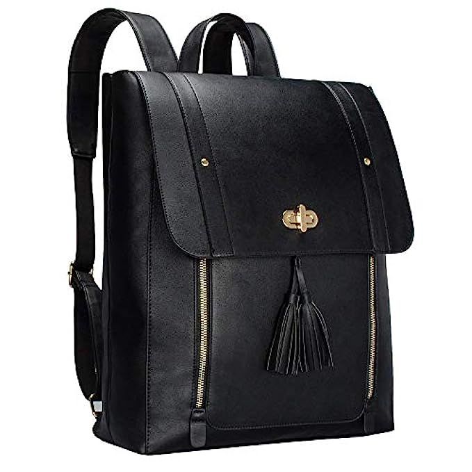 YHQ Womens PU Leather Laptop Backpack 14 inch Computer Bookbag for College Work - Black | Amazon (US)