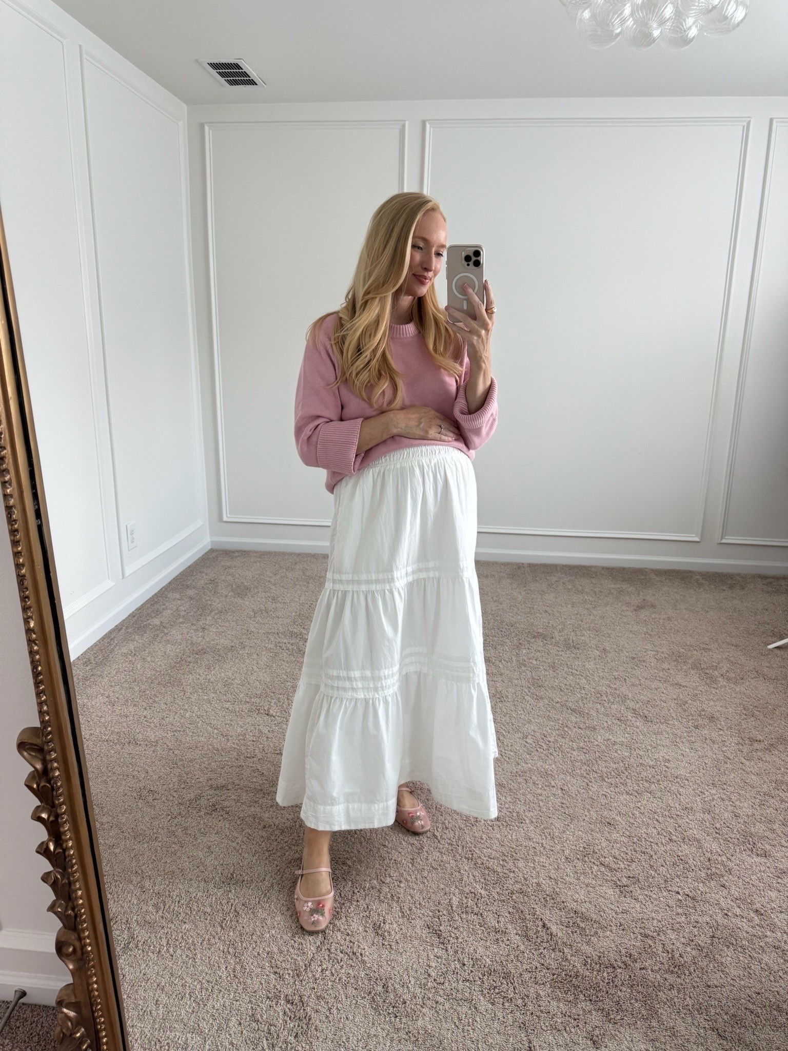 Abercrombie sale alert! Resharing one of my fave pink sweaters stilted with a white maxi shirt (wearing a small in both). 

Bump style // bump outfit // work wear // work outfit // work flats // teacher outfit

#LTKSaleAlert #LTKWorkwear #LTKSeasonal